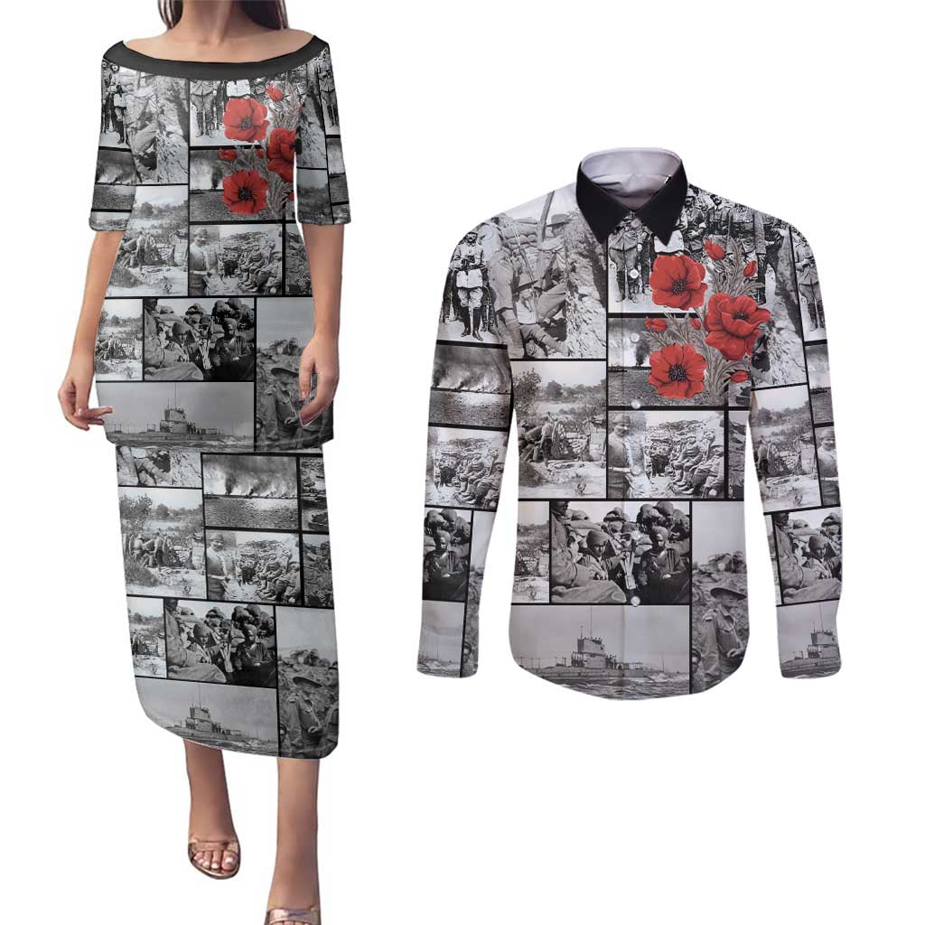 ANZAC Day Gallipoli Campaign Couples Matching Puletasi and Long Sleeve Button Shirt To The End They Remain LT9 Black - Polynesian Pride