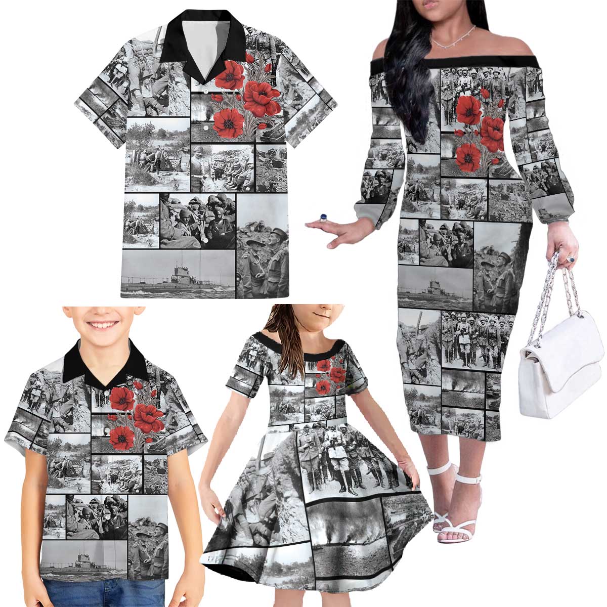 ANZAC Day Gallipoli Campaign Family Matching Off The Shoulder Long Sleeve Dress and Hawaiian Shirt To The End They Remain