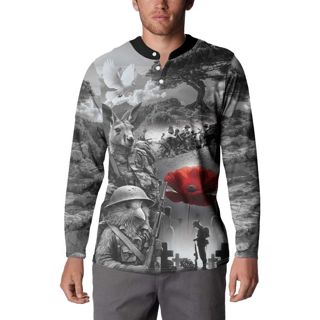 Black ANZAC Day The Battle of Lone Pine Button Sweatshirt Kiwi-Kangaroo Soldier Lest We Forget LT9 - Polynesian Pride
