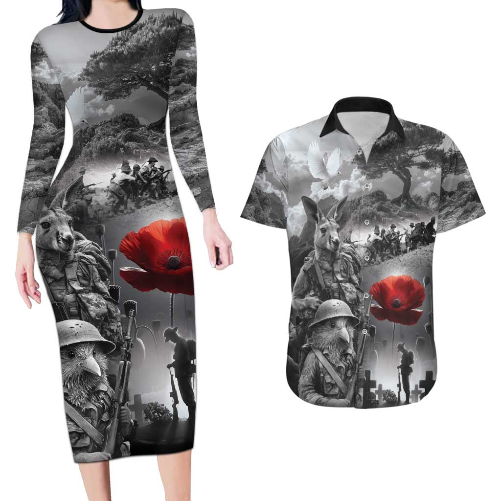 Black ANZAC Day The Battle of Lone Pine Couples Matching Long Sleeve Bodycon Dress and Hawaiian Shirt Kiwi-Kangaroo Soldier Lest We Forget LT9 Black - Polynesian Pride