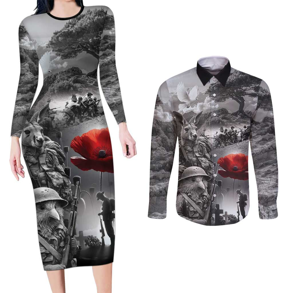Black ANZAC Day The Battle of Lone Pine Couples Matching Long Sleeve Bodycon Dress and Long Sleeve Button Shirt Kiwi-Kangaroo Soldier Lest We Forget LT9 Black - Polynesian Pride