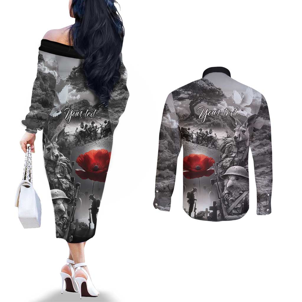 Black ANZAC Day The Battle of Lone Pine Couples Matching Off The Shoulder Long Sleeve Dress and Long Sleeve Button Shirt Kiwi-Kangaroo Soldier Lest We Forget