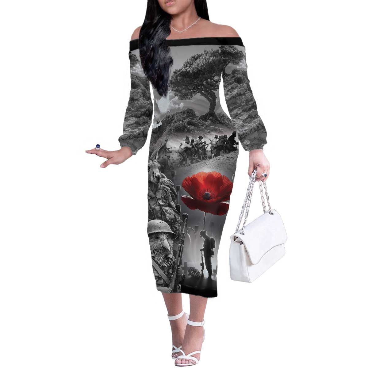 Black ANZAC Day The Battle of Lone Pine Family Matching Off The Shoulder Long Sleeve Dress and Hawaiian Shirt Kiwi-Kangaroo Soldier Lest We Forget