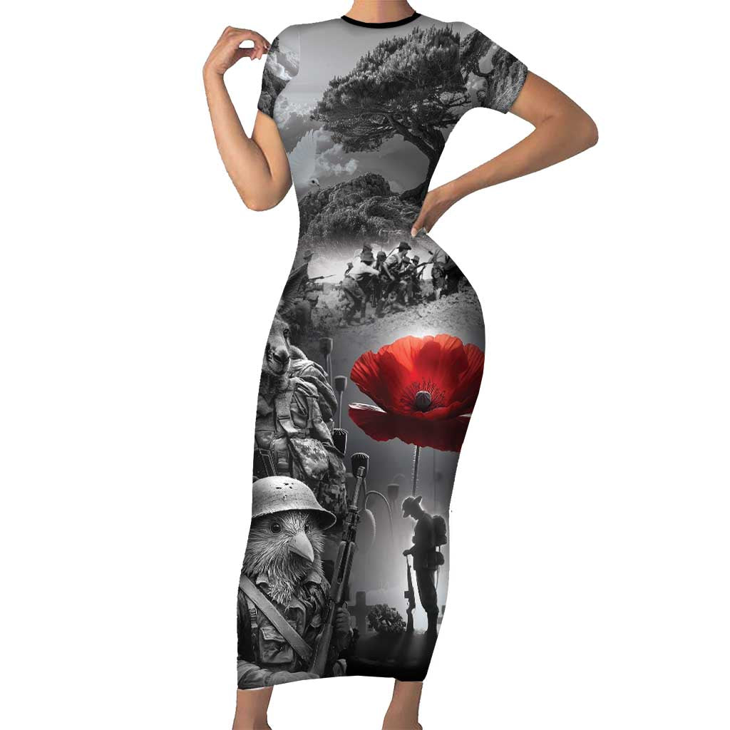 Black ANZAC Day The Battle of Lone Pine Family Matching Short Sleeve Bodycon Dress and Hawaiian Shirt Kiwi-Kangaroo Soldier Lest We Forget