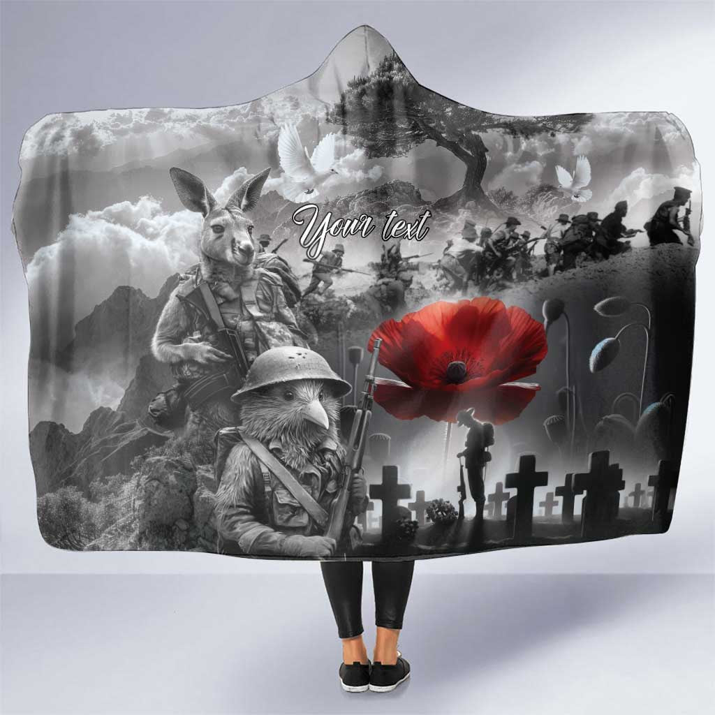 Black ANZAC Day The Battle of Lone Pine Hooded Blanket Kiwi-Kangaroo Soldier Lest We Forget LT9 One Size Black - Polynesian Pride
