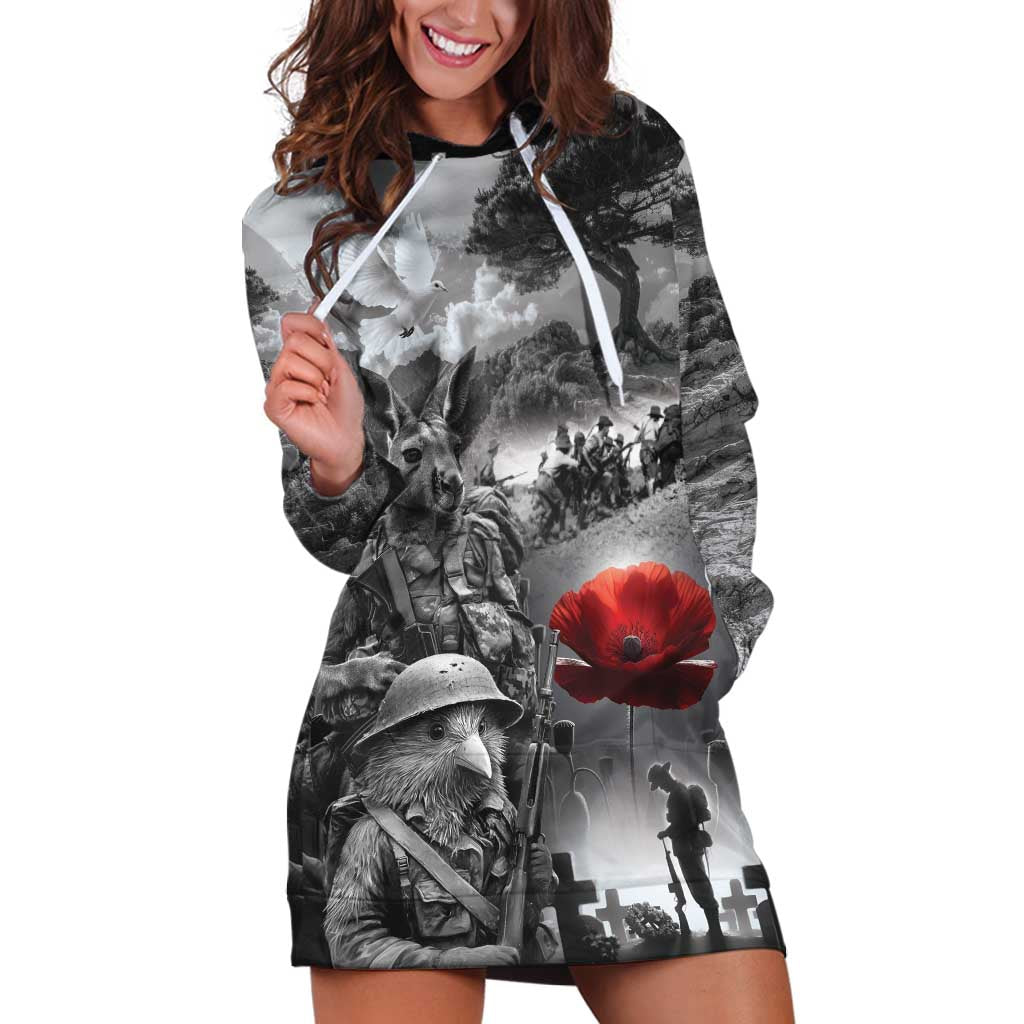 Black ANZAC Day The Battle of Lone Pine Hoodie Dress Kiwi-Kangaroo Soldier Lest We Forget