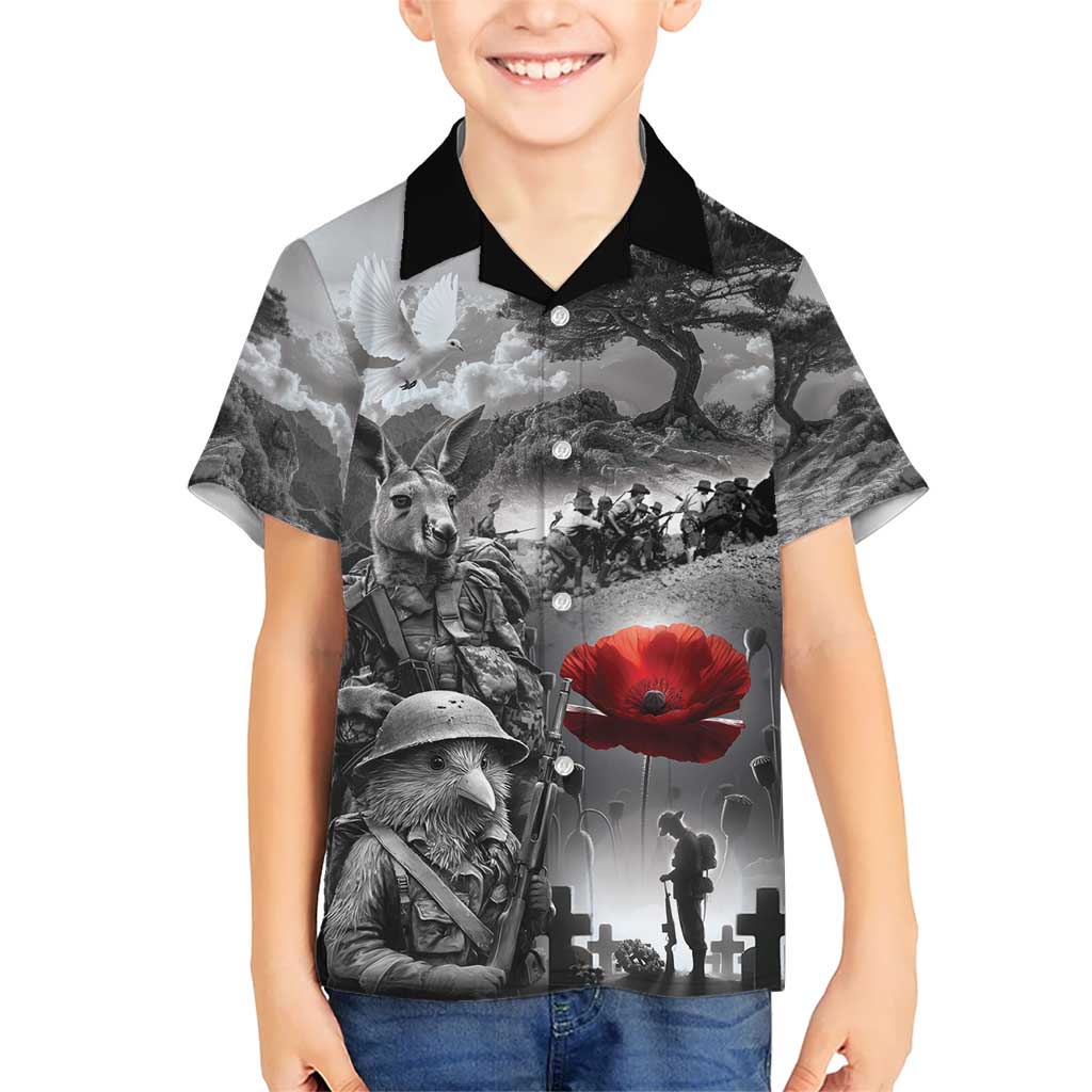 Black ANZAC Day The Battle of Lone Pine Kid Hawaiian Shirt Kiwi-Kangaroo Soldier Lest We Forget LT9 Kid Black - Polynesian Pride