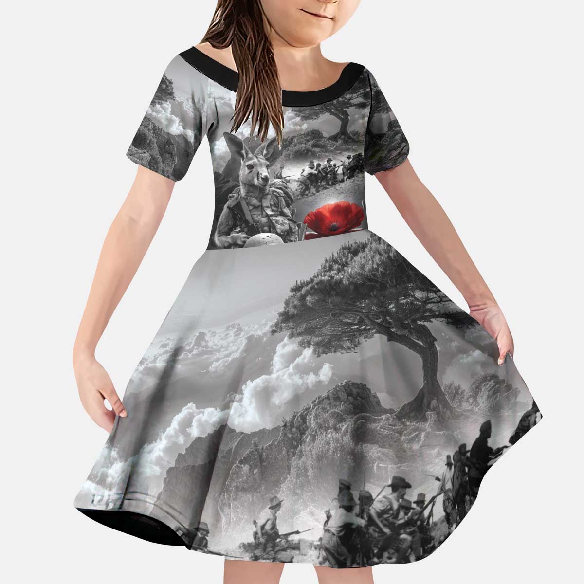Black ANZAC Day The Battle of Lone Pine Kid Short Sleeve Dress Kiwi-Kangaroo Soldier Lest We Forget LT9 KID Black - Polynesian Pride