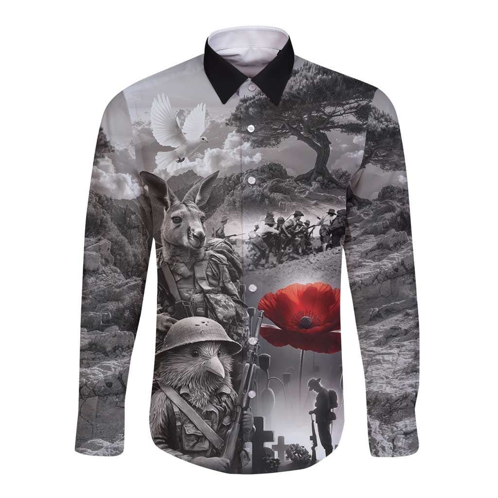 Black ANZAC Day The Battle of Lone Pine Long Sleeve Button Shirt Kiwi-Kangaroo Soldier Lest We Forget LT9 Unisex Black - Polynesian Pride