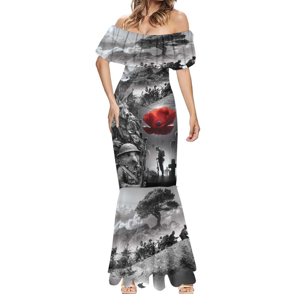 Black ANZAC Day The Battle of Lone Pine Mermaid Dress Kiwi-Kangaroo Soldier Lest We Forget