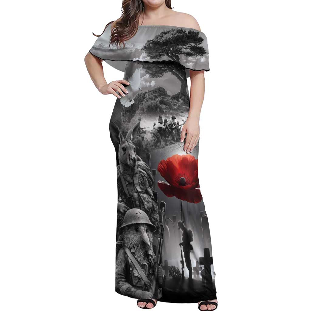 Black ANZAC Day The Battle of Lone Pine Off Shoulder Maxi Dress Kiwi-Kangaroo Soldier Lest We Forget