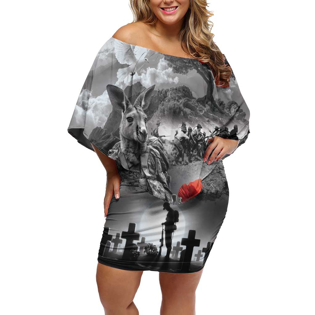 Black ANZAC Day The Battle of Lone Pine Off Shoulder Short Dress Kiwi-Kangaroo Soldier Lest We Forget