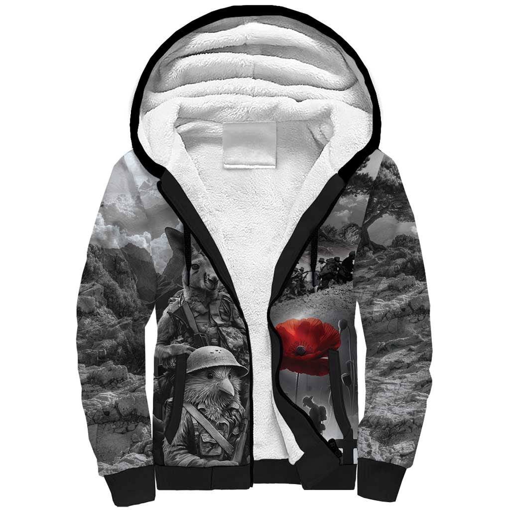 Black ANZAC Day The Battle of Lone Pine Sherpa Hoodie Kiwi-Kangaroo Soldier Lest We Forget LT9 Unisex Black - Polynesian Pride