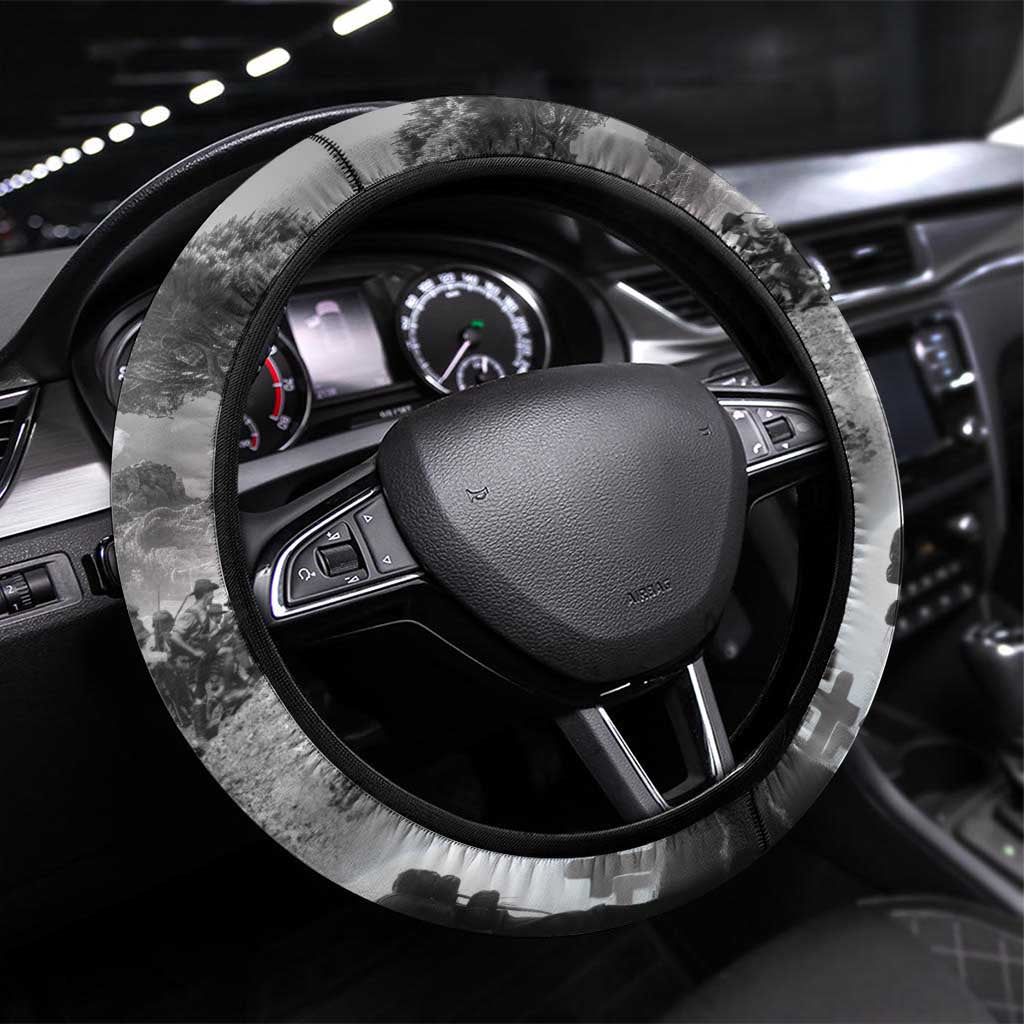 Black ANZAC Day The Battle of Lone Pine Steering Wheel Cover Kiwi-Kangaroo Soldier Lest We Forget LT9 Universal Fit Black - Polynesian Pride