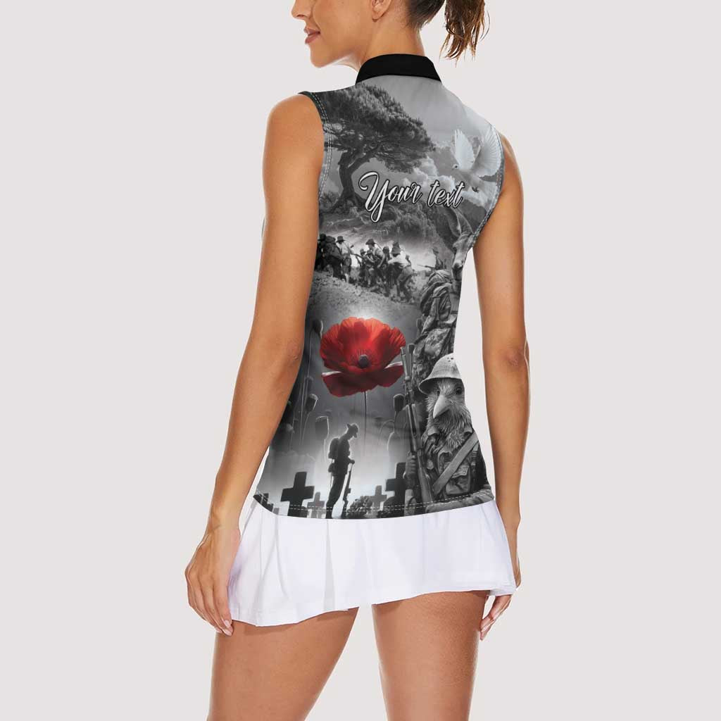 Black ANZAC Day The Battle of Lone Pine Women Sleeveless Polo Shirt Kiwi-Kangaroo Soldier Lest We Forget