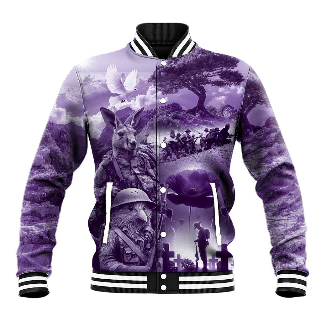 Purple ANZAC Day The Battle of Lone Pine Baseball Jacket Kiwi-Kangaroo Soldier Lest We Forget LT9 Unisex Purple - Polynesian Pride