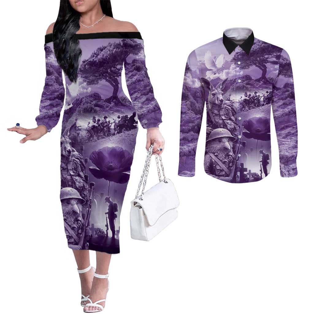Purple ANZAC Day The Battle of Lone Pine Couples Matching Off The Shoulder Long Sleeve Dress and Long Sleeve Button Shirt Kiwi-Kangaroo Soldier Lest We Forget LT9 Purple - Polynesian Pride