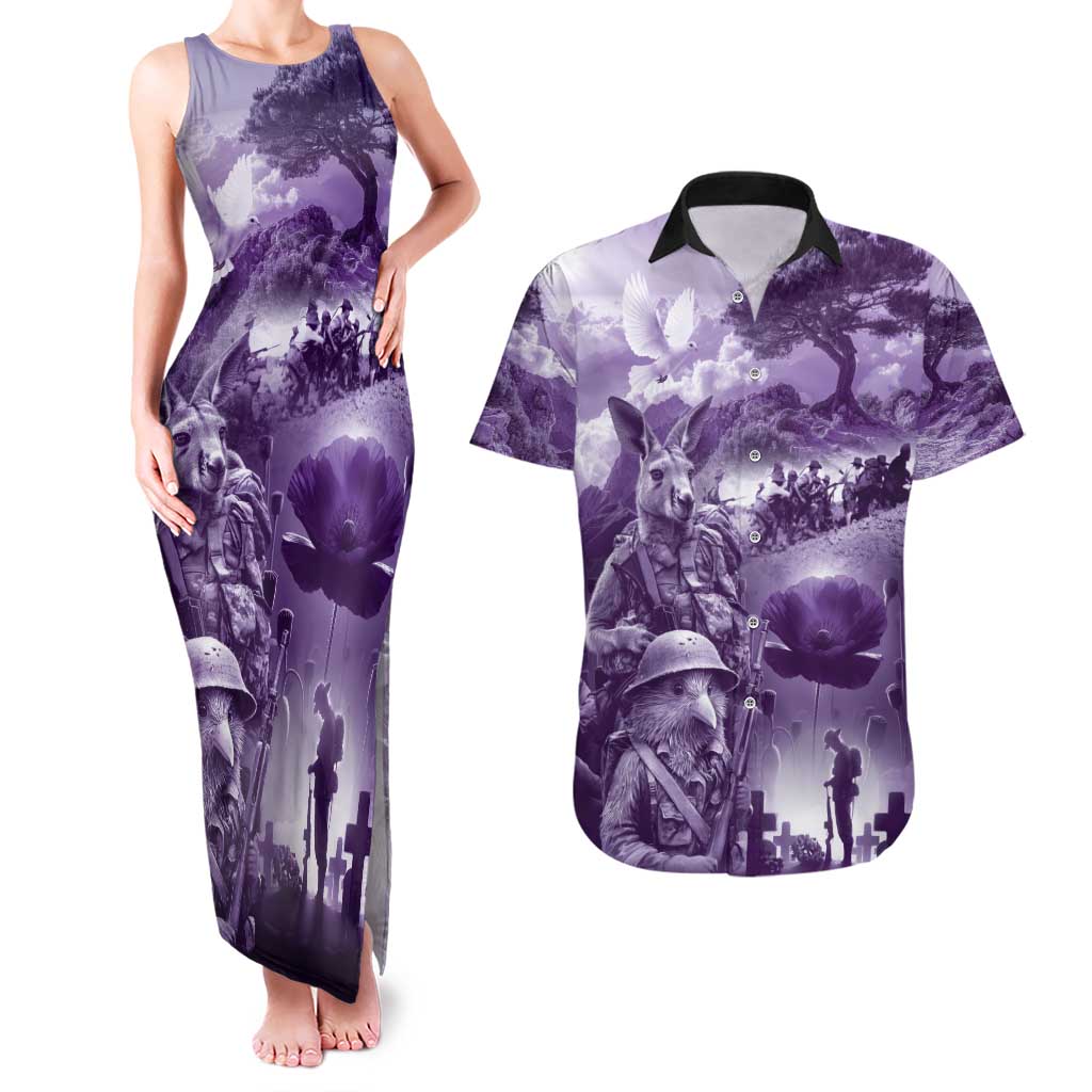 Purple ANZAC Day The Battle of Lone Pine Couples Matching Tank Maxi Dress and Hawaiian Shirt Kiwi-Kangaroo Soldier Lest We Forget LT9 Purple - Polynesian Pride