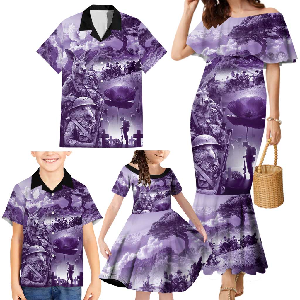 Purple ANZAC Day The Battle of Lone Pine Family Matching Mermaid Dress and Hawaiian Shirt Kiwi-Kangaroo Soldier Lest We Forget