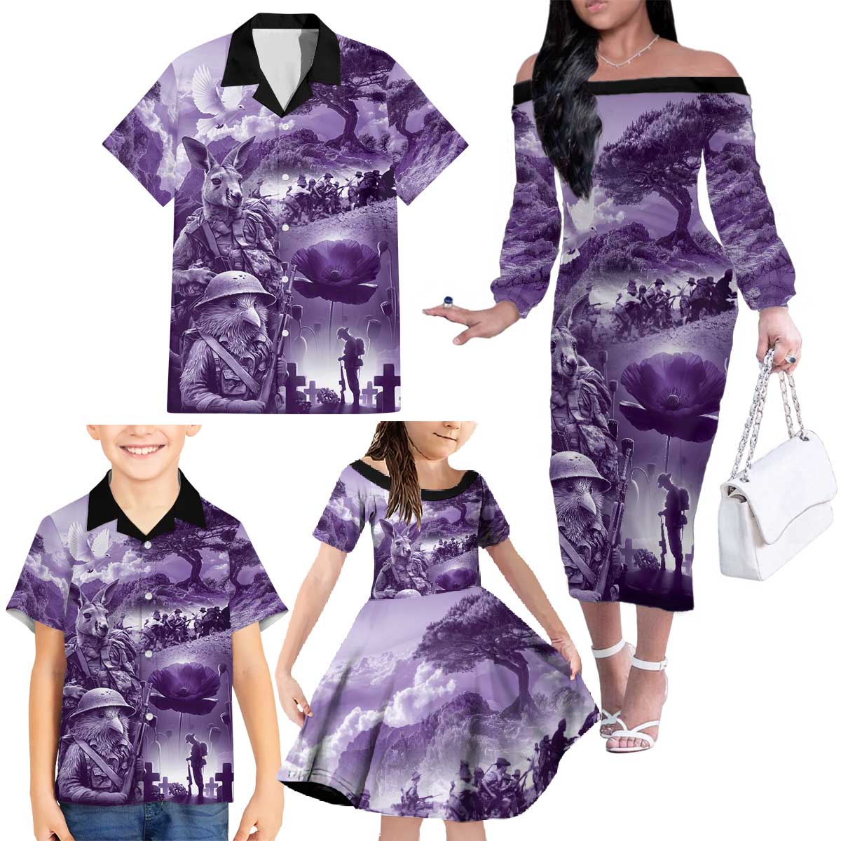 Purple ANZAC Day The Battle of Lone Pine Family Matching Off The Shoulder Long Sleeve Dress and Hawaiian Shirt Kiwi-Kangaroo Soldier Lest We Forget