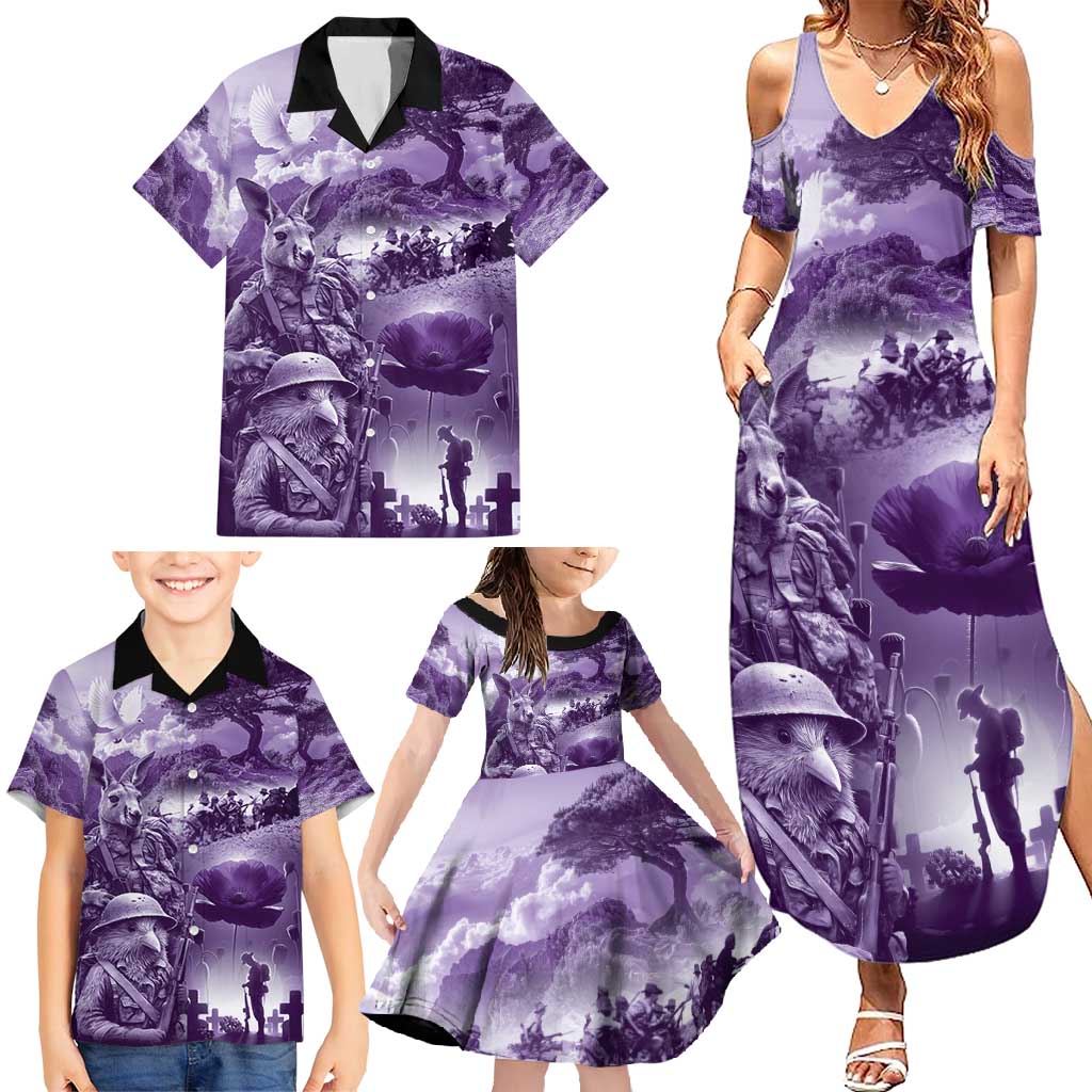 Purple ANZAC Day The Battle of Lone Pine Family Matching Summer Maxi Dress and Hawaiian Shirt Kiwi-Kangaroo Soldier Lest We Forget