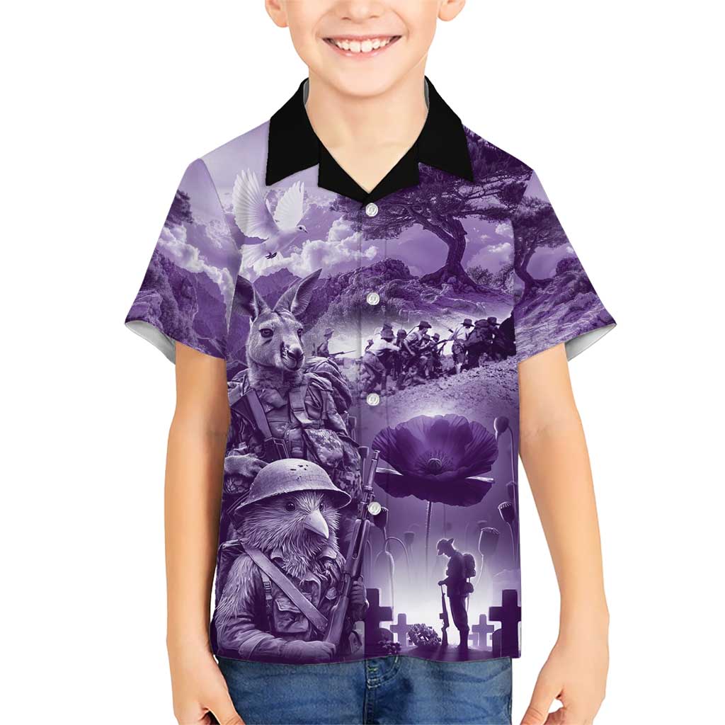 Purple ANZAC Day The Battle of Lone Pine Kid Hawaiian Shirt Kiwi-Kangaroo Soldier Lest We Forget LT9 Kid Purple - Polynesian Pride