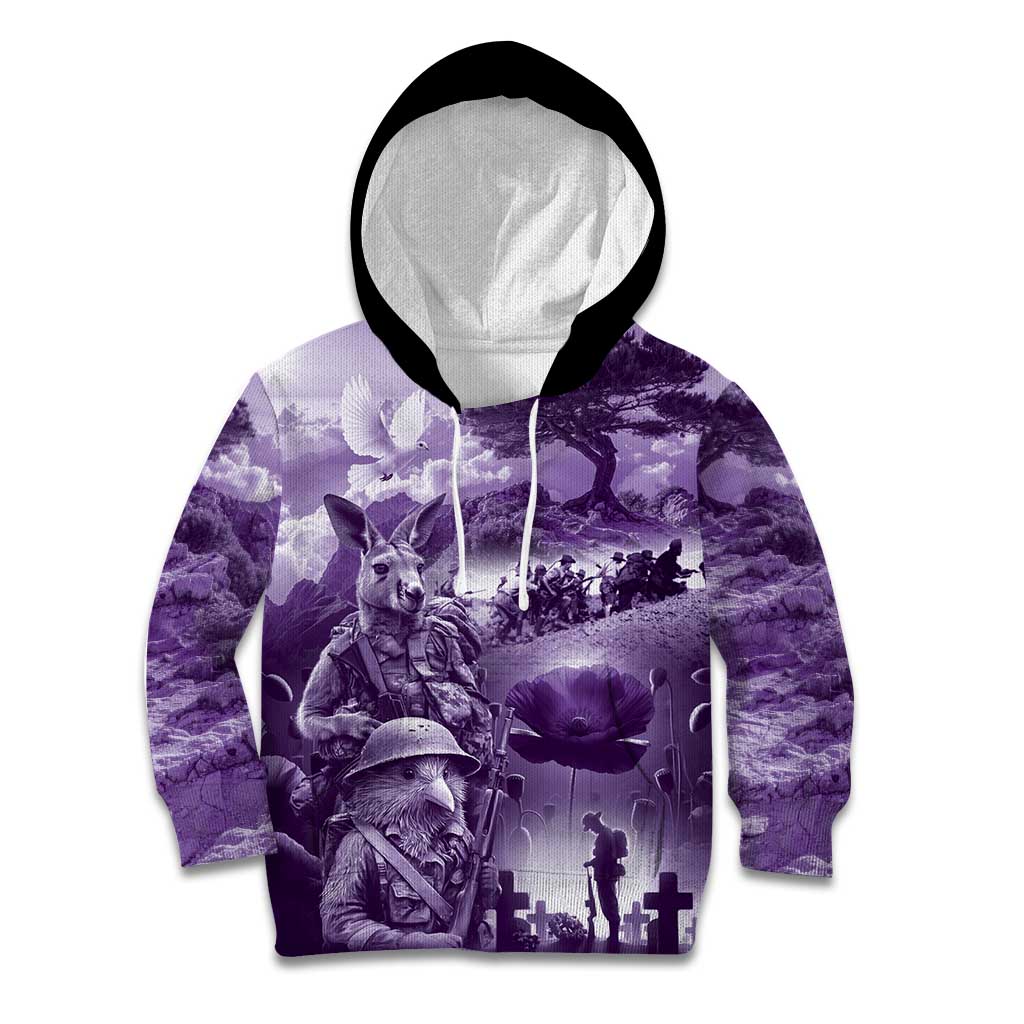 Purple ANZAC Day The Battle of Lone Pine Kid Hoodie Kiwi-Kangaroo Soldier Lest We Forget