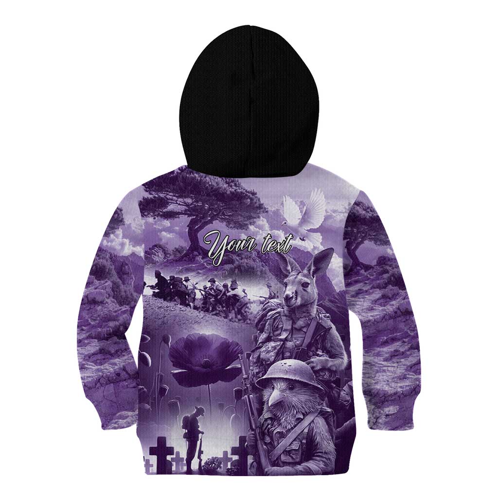 Purple ANZAC Day The Battle of Lone Pine Kid Hoodie Kiwi-Kangaroo Soldier Lest We Forget