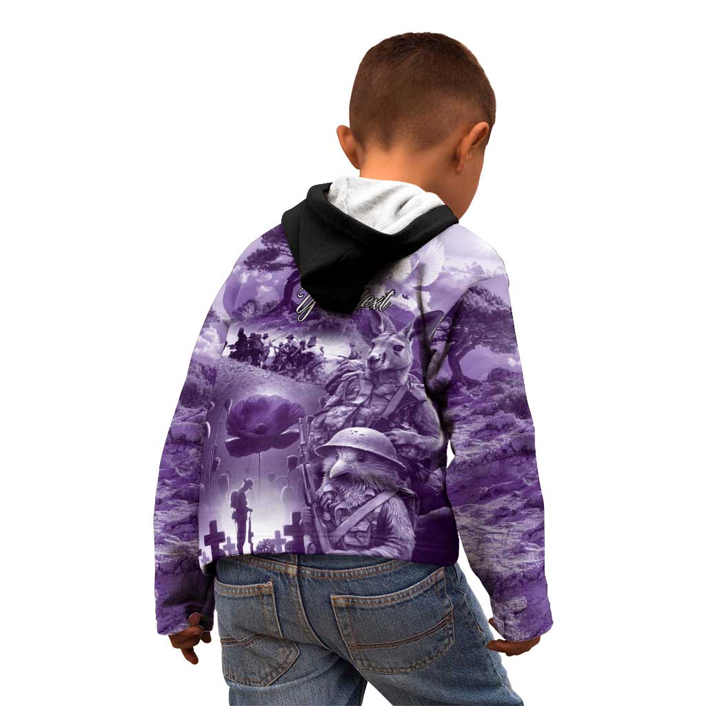 Purple ANZAC Day The Battle of Lone Pine Kid Hoodie Kiwi-Kangaroo Soldier Lest We Forget