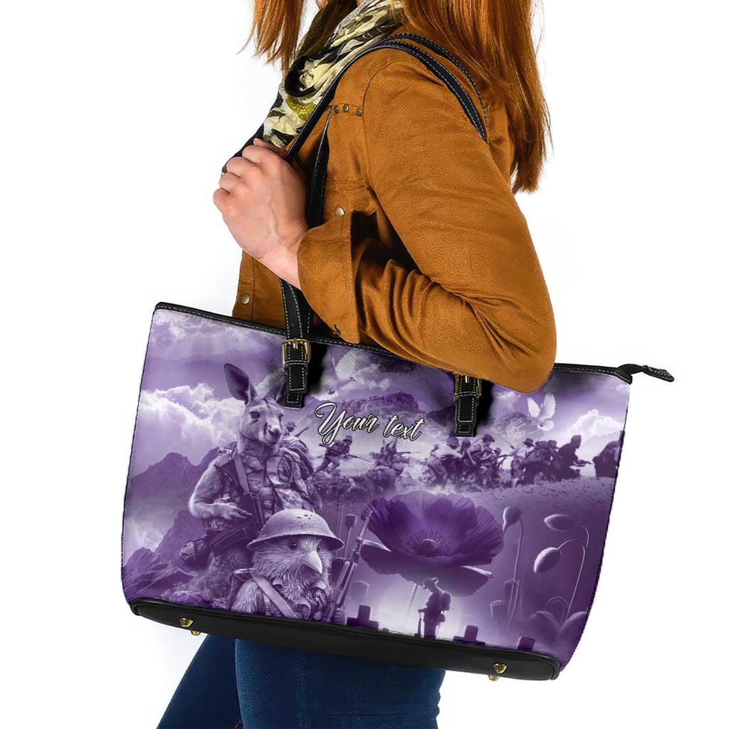 Purple ANZAC Day The Battle of Lone Pine Leather Tote Bag Kiwi-Kangaroo Soldier Lest We Forget LT9 Purple - Polynesian Pride