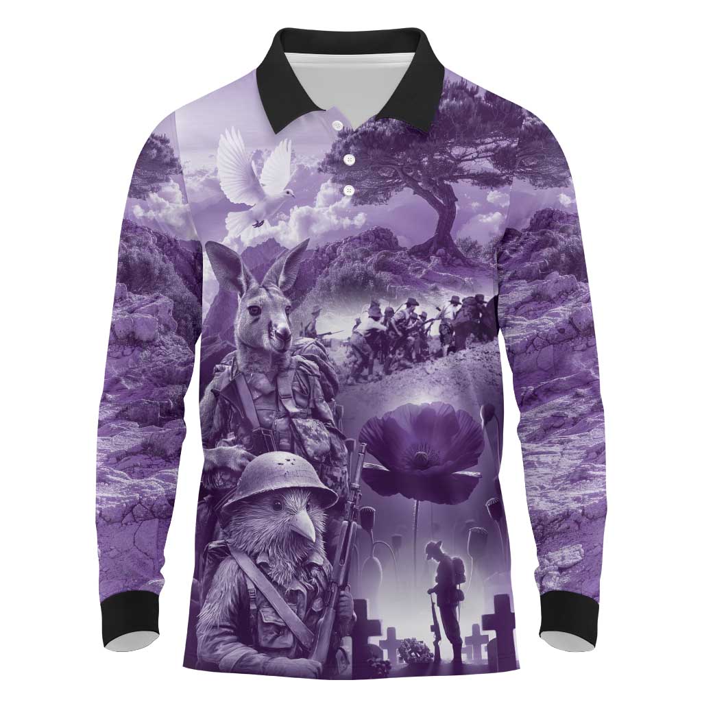 Purple ANZAC Day The Battle of Lone Pine Long Sleeve Polo Shirt Kiwi-Kangaroo Soldier Lest We Forget