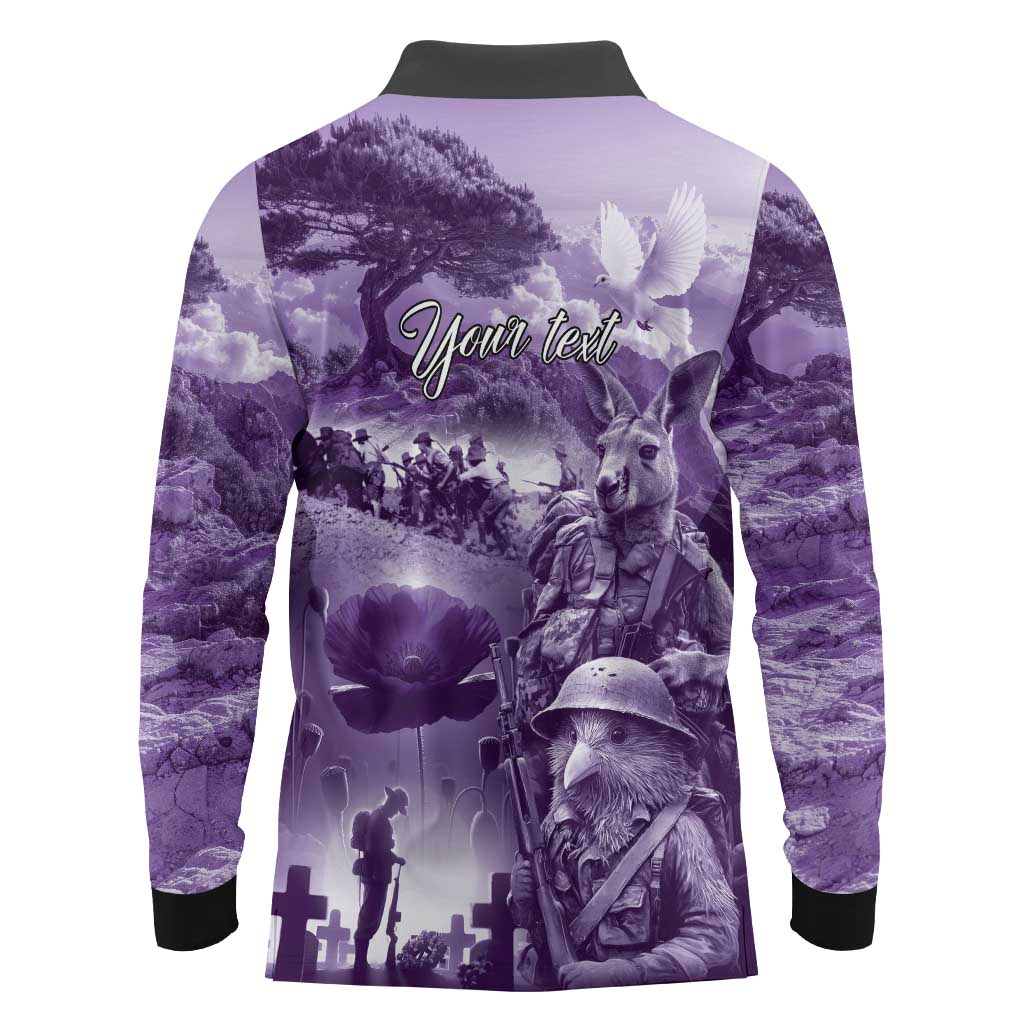 Purple ANZAC Day The Battle of Lone Pine Long Sleeve Polo Shirt Kiwi-Kangaroo Soldier Lest We Forget