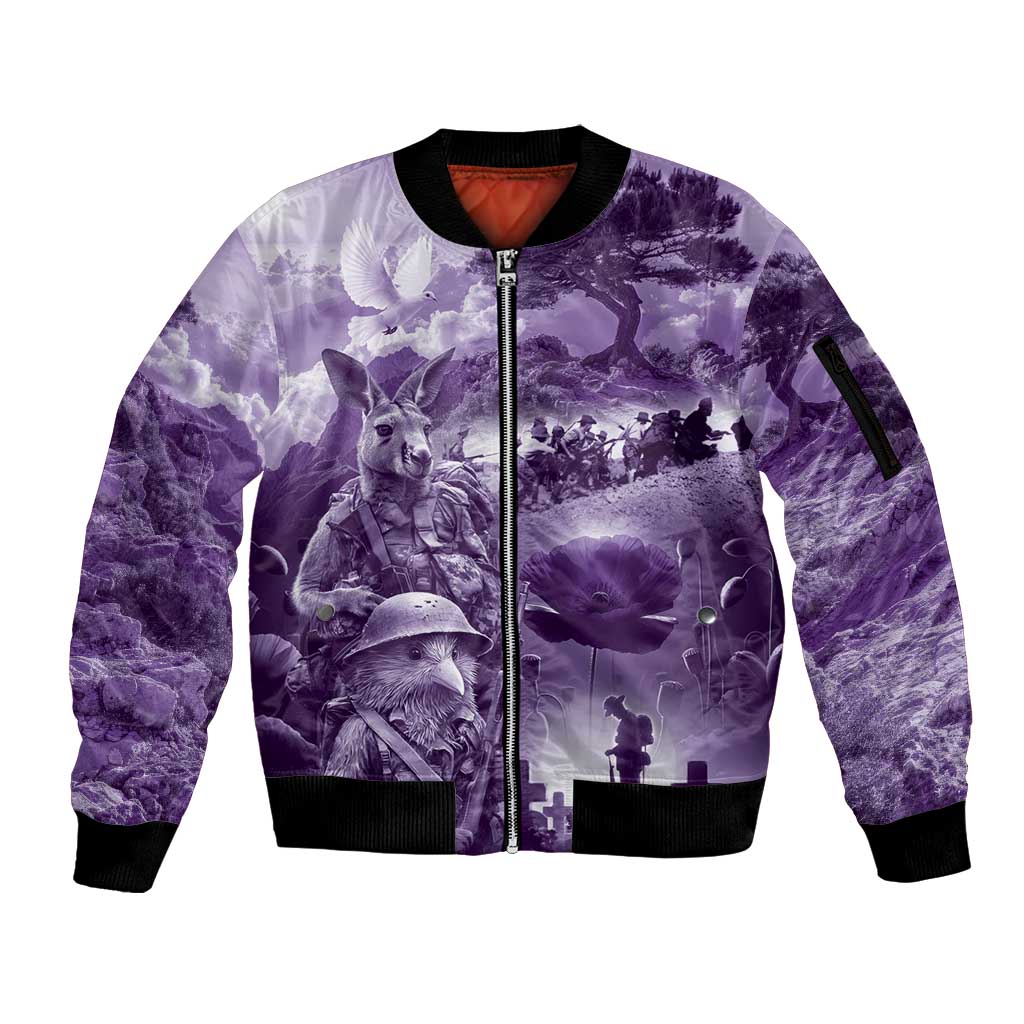 Purple ANZAC Day The Battle of Lone Pine Sleeve Zip Bomber Jacket Kiwi-Kangaroo Soldier Lest We Forget