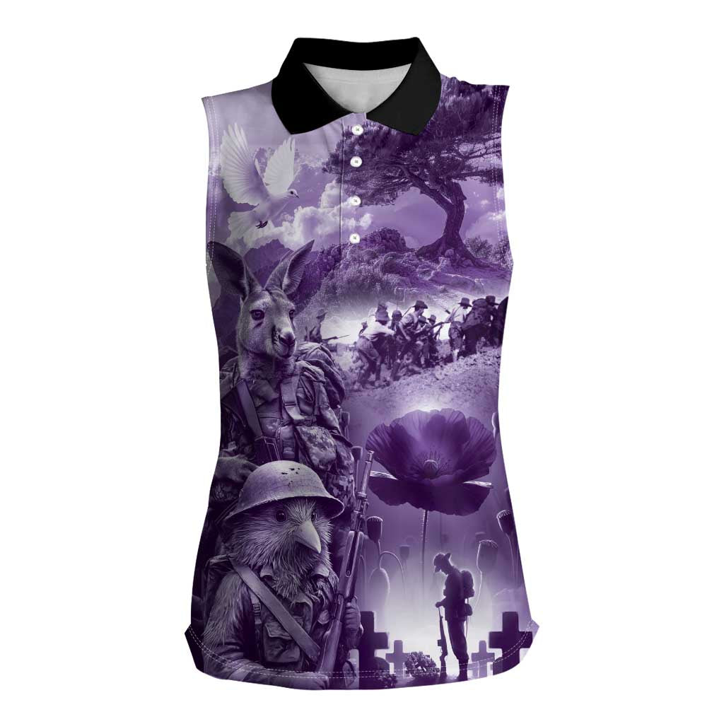 Purple ANZAC Day The Battle of Lone Pine Women Sleeveless Polo Shirt Kiwi-Kangaroo Soldier Lest We Forget