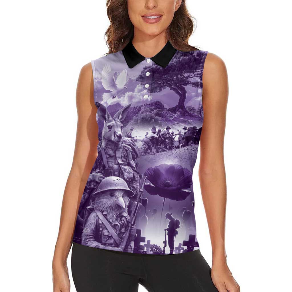 Purple ANZAC Day The Battle of Lone Pine Women Sleeveless Polo Shirt Kiwi-Kangaroo Soldier Lest We Forget