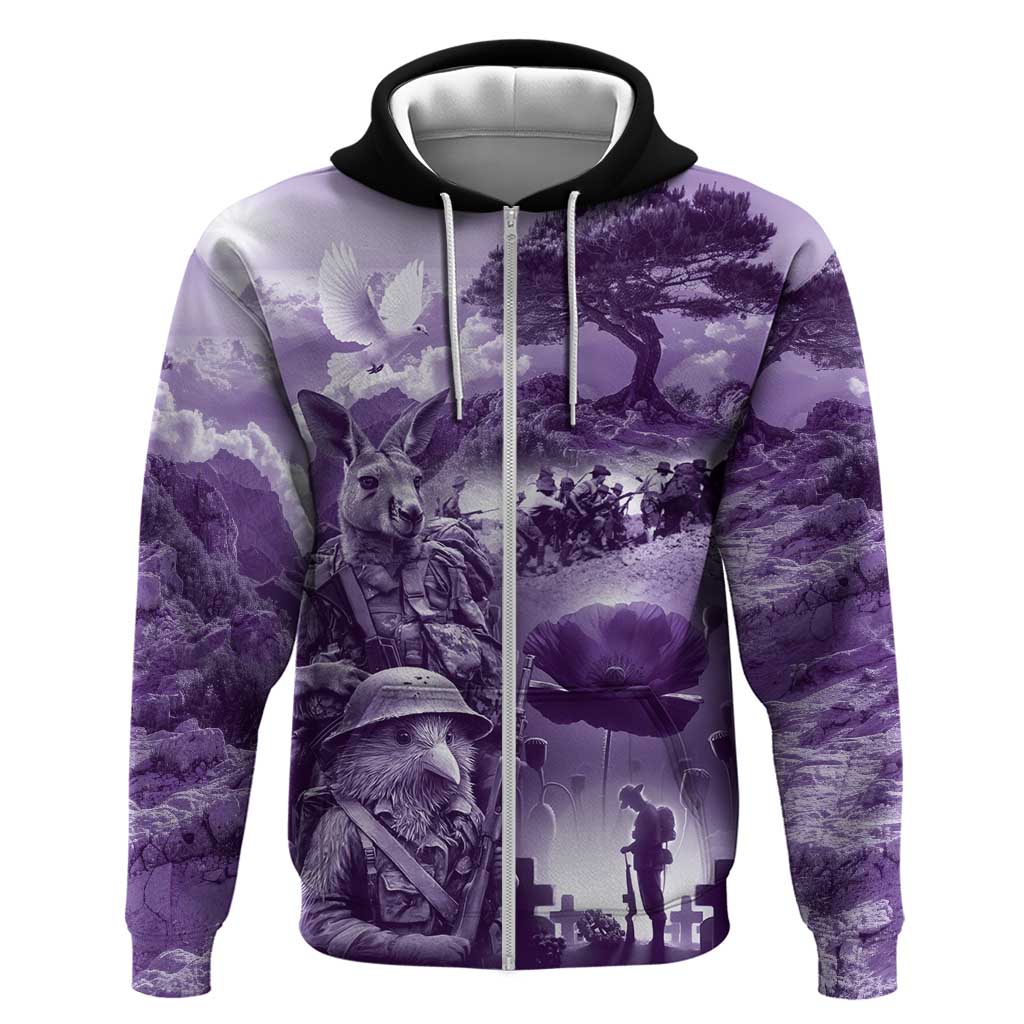 Purple ANZAC Day The Battle of Lone Pine Zip Hoodie Kiwi-Kangaroo Soldier Lest We Forget
