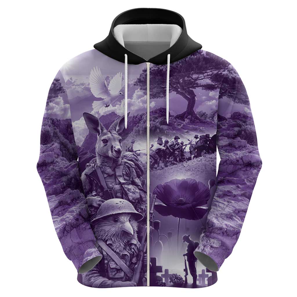 Purple ANZAC Day The Battle of Lone Pine Zip Hoodie Kiwi-Kangaroo Soldier Lest We Forget
