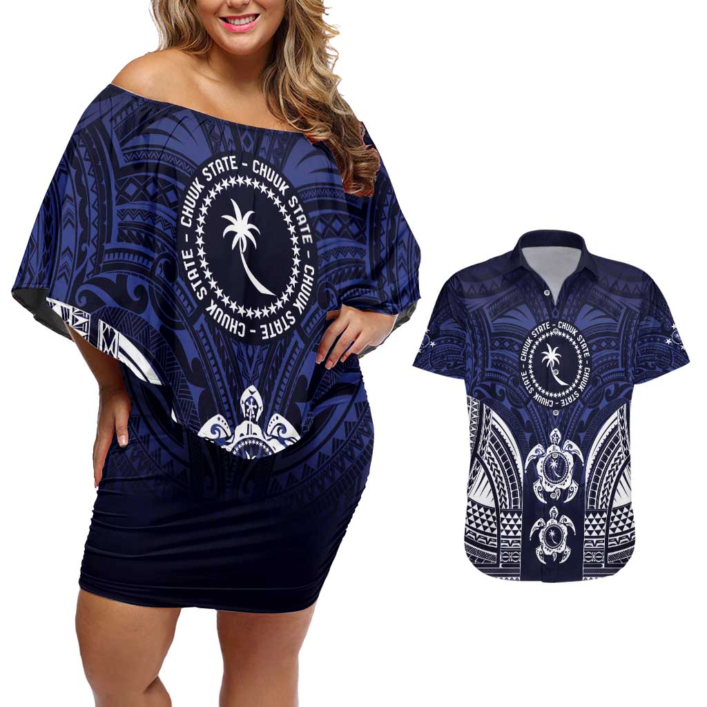 FSM Chuuk States Couples Matching Off Shoulder Short Dress and Hawaiian Shirt Micronesia Six 9 One Polynesian Tribal Pattern