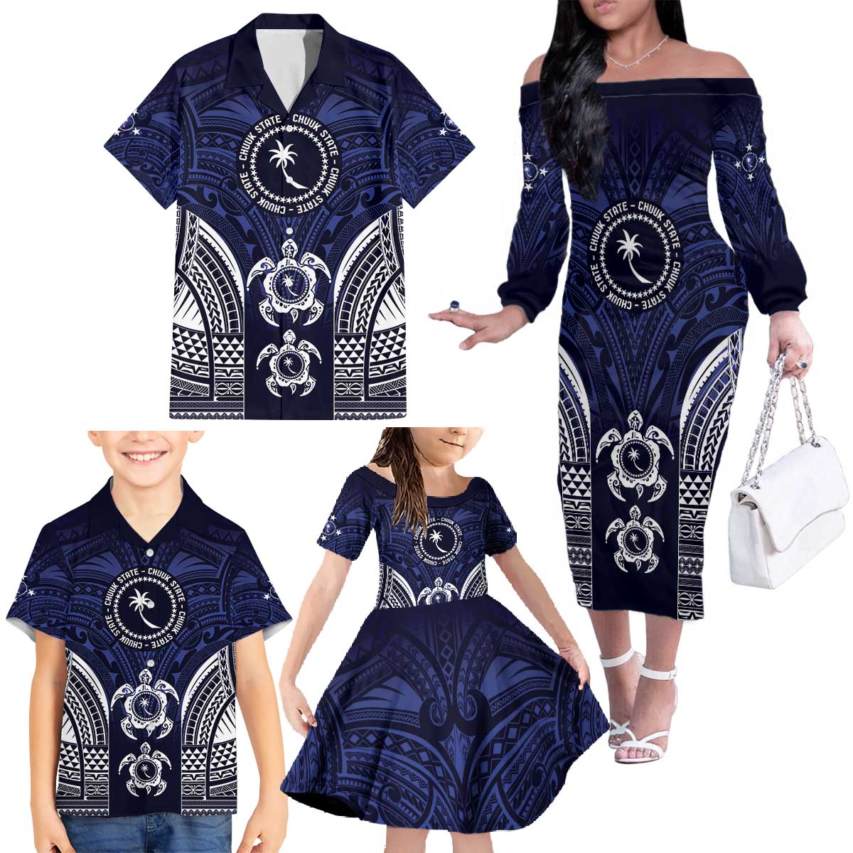 FSM Chuuk States Family Matching Off The Shoulder Long Sleeve Dress and Hawaiian Shirt Micronesia Six 9 One Polynesian Tribal Pattern