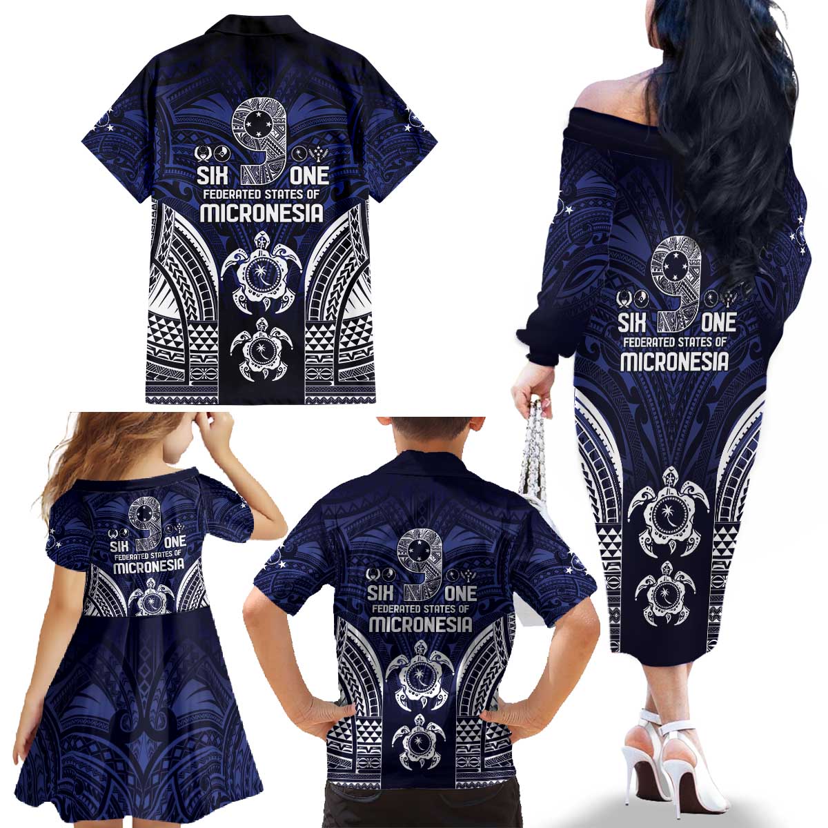 FSM Chuuk States Family Matching Off The Shoulder Long Sleeve Dress and Hawaiian Shirt Micronesia Six 9 One Polynesian Tribal Pattern