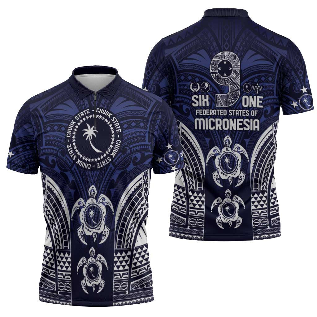 FSM Chuuk States Zipper Polo Shirt Micronesia Six 9 One Polynesian Tribal Pattern - Polynesian Pride