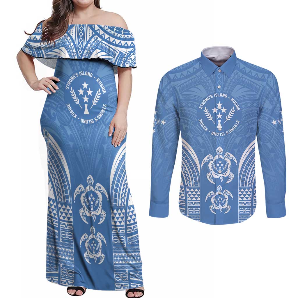 FSM Kosrae States Couples Matching Off Shoulder Maxi Dress and Long Sleeve Button Shirt Micronesia Six 9 One Polynesian Tribal Pattern