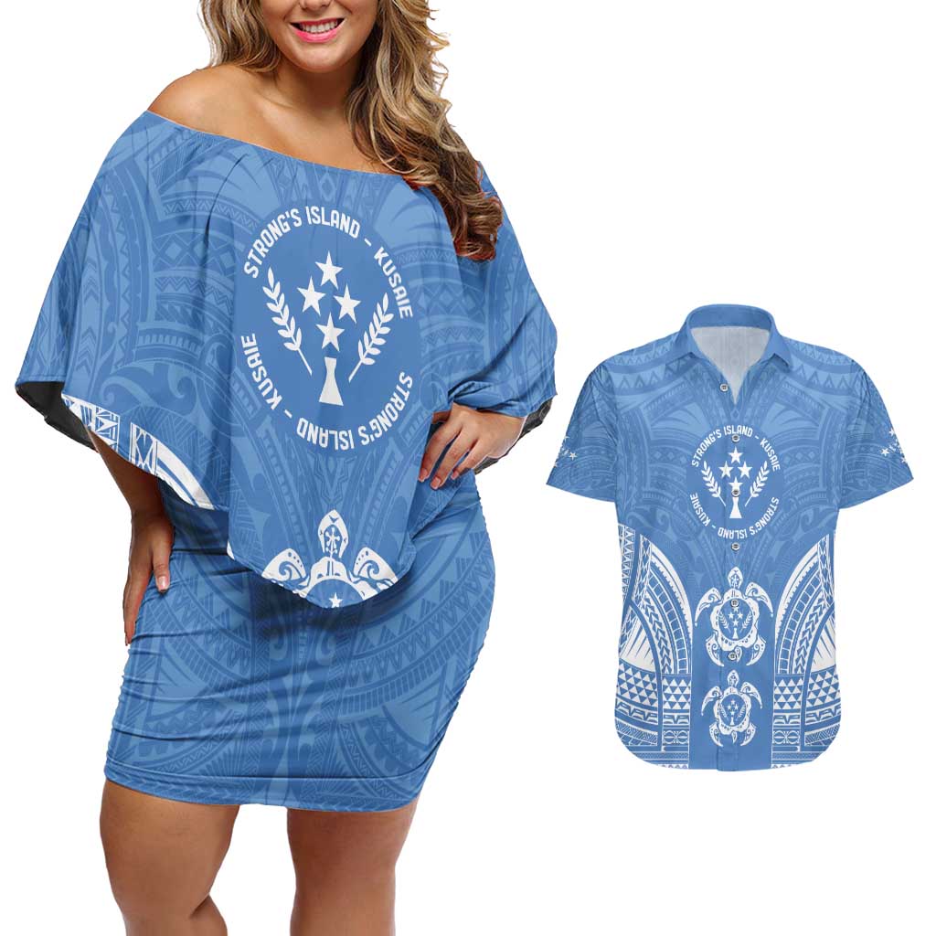 FSM Kosrae States Couples Matching Off Shoulder Short Dress and Hawaiian Shirt Micronesia Six 9 One Polynesian Tribal Pattern