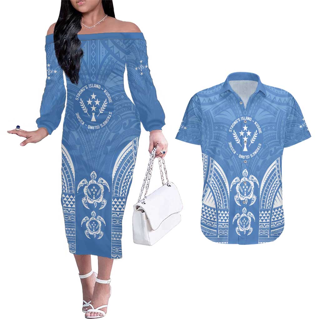FSM Kosrae States Couples Matching Off The Shoulder Long Sleeve Dress and Hawaiian Shirt Micronesia Six 9 One Polynesian Tribal Pattern