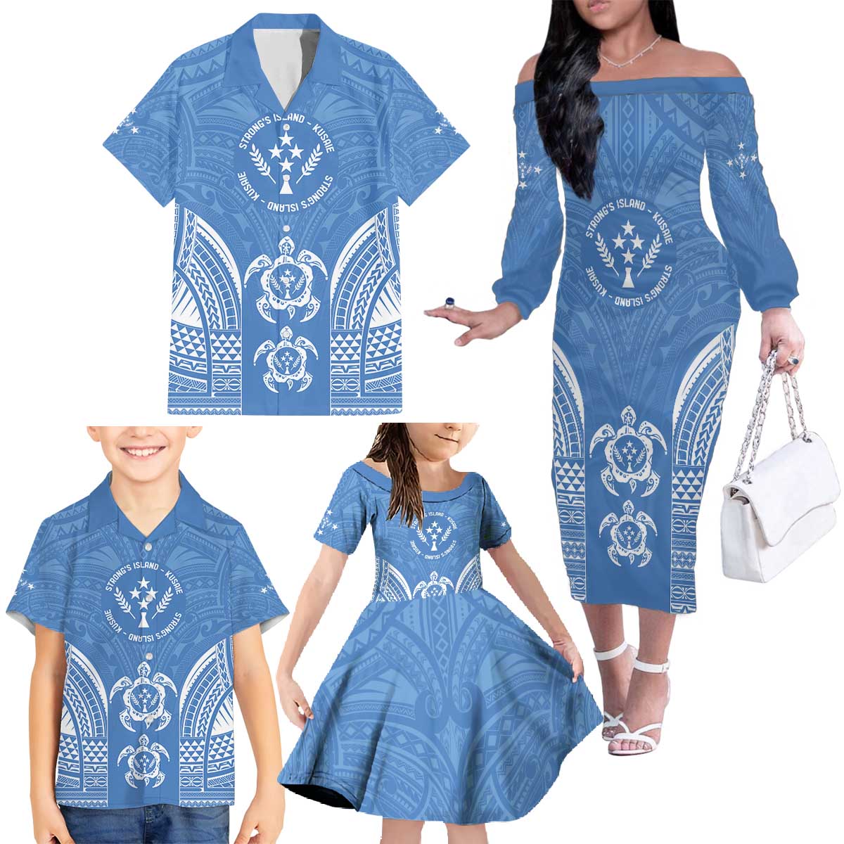 FSM Kosrae States Family Matching Off The Shoulder Long Sleeve Dress and Hawaiian Shirt Micronesia Six 9 One Polynesian Tribal Pattern