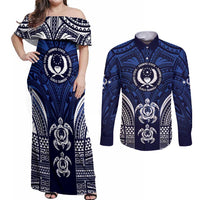 FSM Pohnpei States Couples Matching Off Shoulder Maxi Dress and Long Sleeve Button Shirt Micronesia Six 9 One Polynesian Tribal Pattern