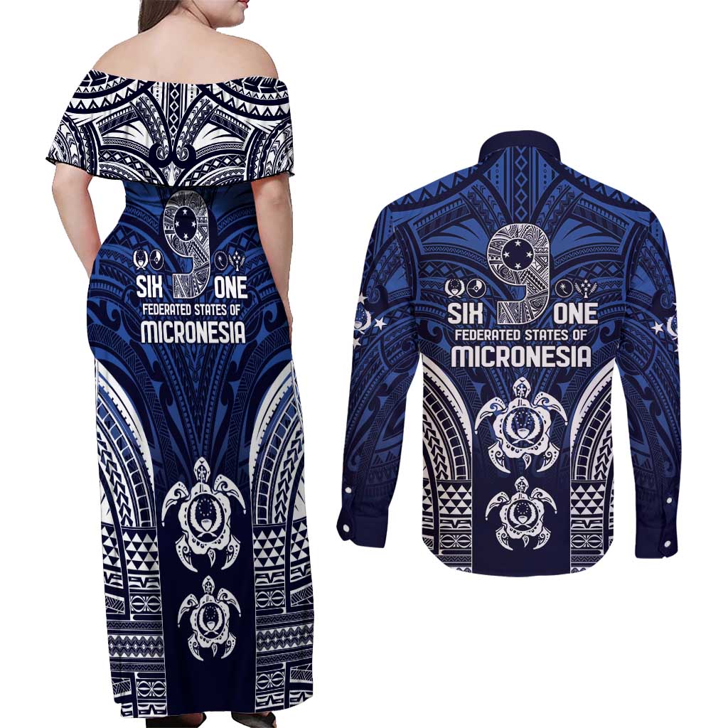 FSM Pohnpei States Couples Matching Off Shoulder Maxi Dress and Long Sleeve Button Shirt Micronesia Six 9 One Polynesian Tribal Pattern