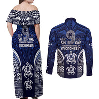 FSM Pohnpei States Couples Matching Off Shoulder Maxi Dress and Long Sleeve Button Shirt Micronesia Six 9 One Polynesian Tribal Pattern