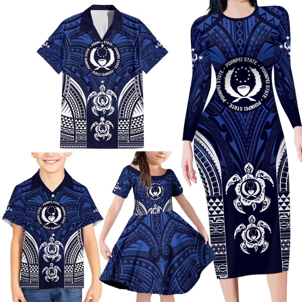 FSM Pohnpei States Family Matching Long Sleeve Bodycon Dress and Hawaiian Shirt Micronesia Six 9 One Polynesian Tribal Pattern