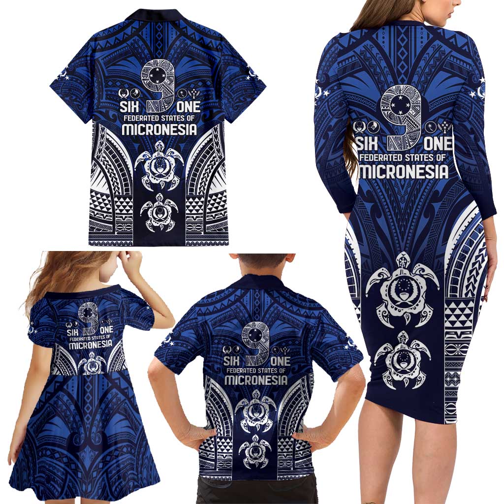 FSM Pohnpei States Family Matching Long Sleeve Bodycon Dress and Hawaiian Shirt Micronesia Six 9 One Polynesian Tribal Pattern